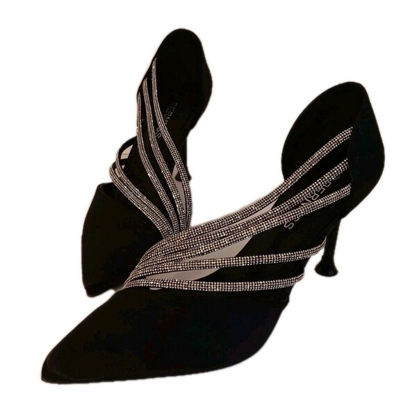 Berness Black Satiny Pointed Toe 2.5" Pumps with Rhinestone Cross Strap size 7.5 - Picture 2 of 8